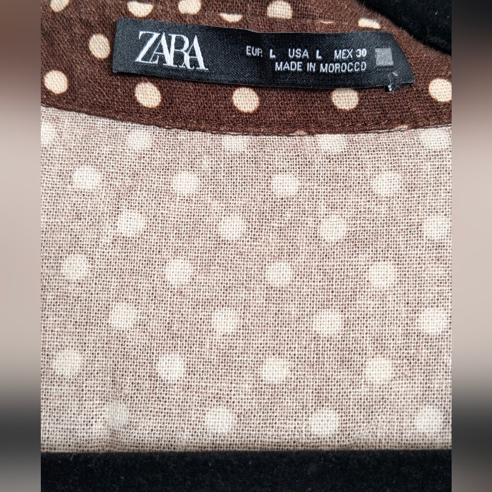 Zara Brown White Button Down Linen Blend Polka Dot Dress Size L Missing Belt - Picture 9 of 11